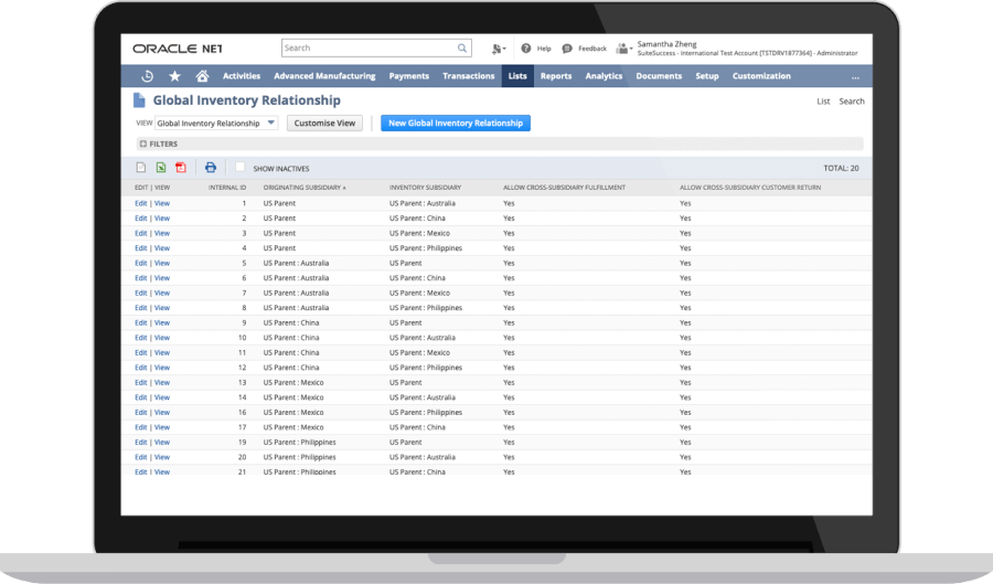 NetSuite global inventory relationship dashboard