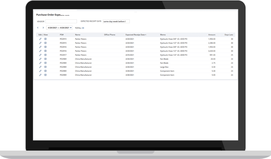 NetSuite purchase order expense report dashboard