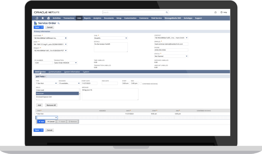 NetSuite Service Order Creation Dashboard