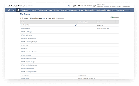 NetSuite User Roles dashboard