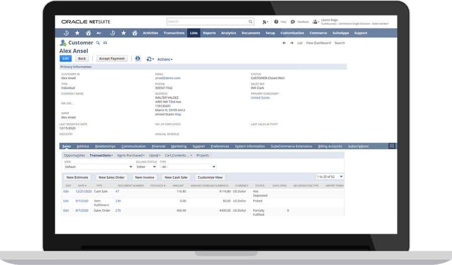 NetSuite's customer details page