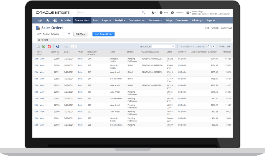 NetSuite Sales Order list page dashboard